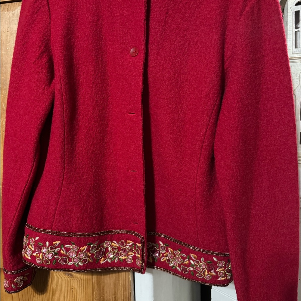 Talbots Vintage Red Boiled Wood Jacket Beaded Floral Embellished Size M